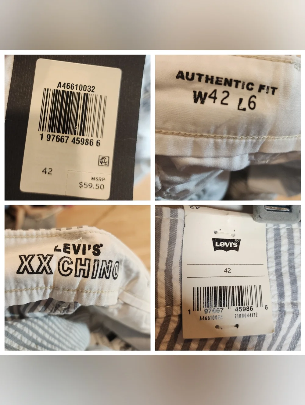 NWT Levi's 100% Cotton Seersucker Grey Stripe Chino‎ Authentic 6